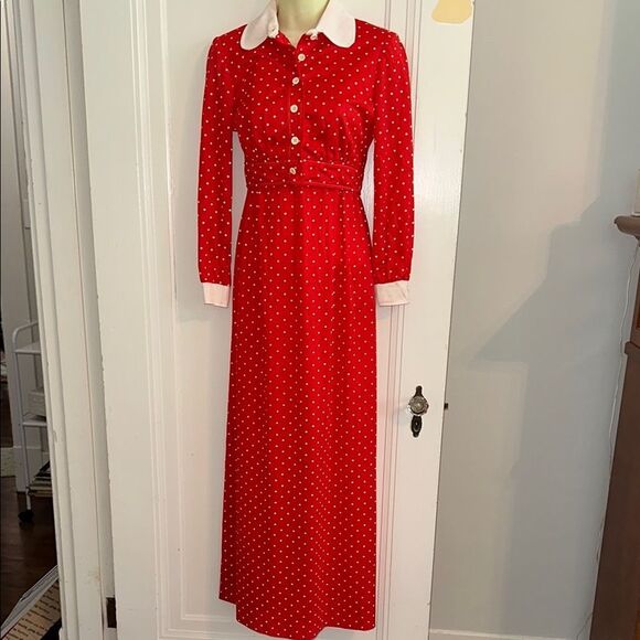 Vtg 70s Kelly Arden Red Polka Dot Polyester Halter Maxi Dress/Matching Jacket - Picture 1 of 11